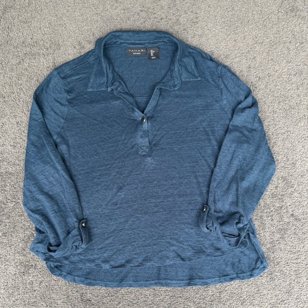 Tahari Womens 100% Linen Top Slate Blue Roll‎ Tab Sleeve Blouse Large
